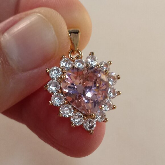 18K Yellow Gold Filled Pretty Pink Heart Diamond Zircon Necklace Pendant 3.16ctw - Picture 6 of 7